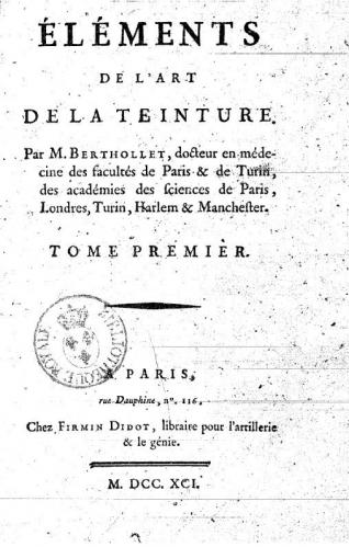 Éléments de l’Art de la Teinture, Berthollet, 1790
