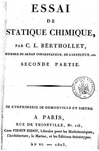 Essai de statique chimique, Berthollet, 1803, source Gallica